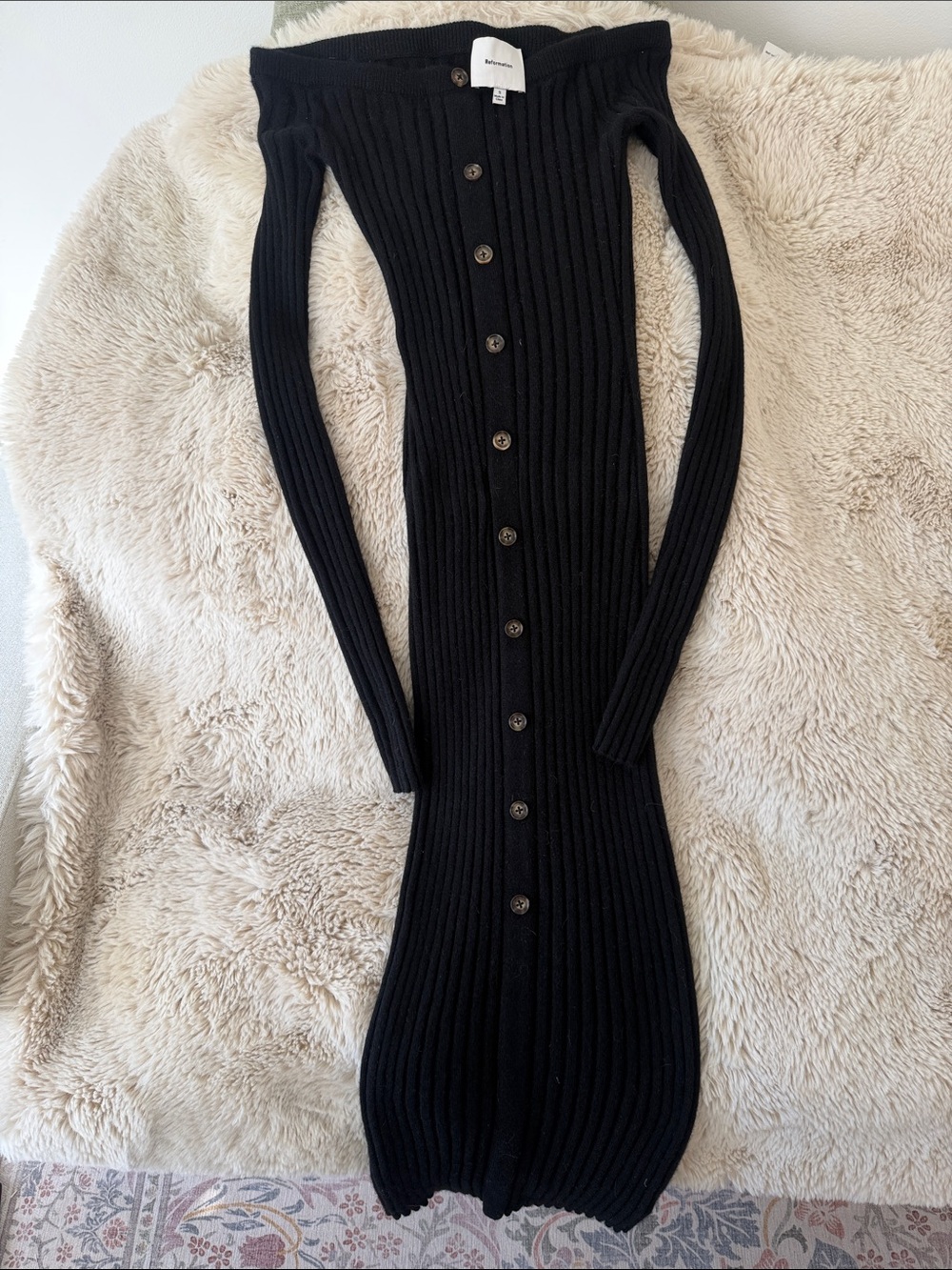 Reformation Black Ribbed Off-Shoulder Button-Front Sweater Dress